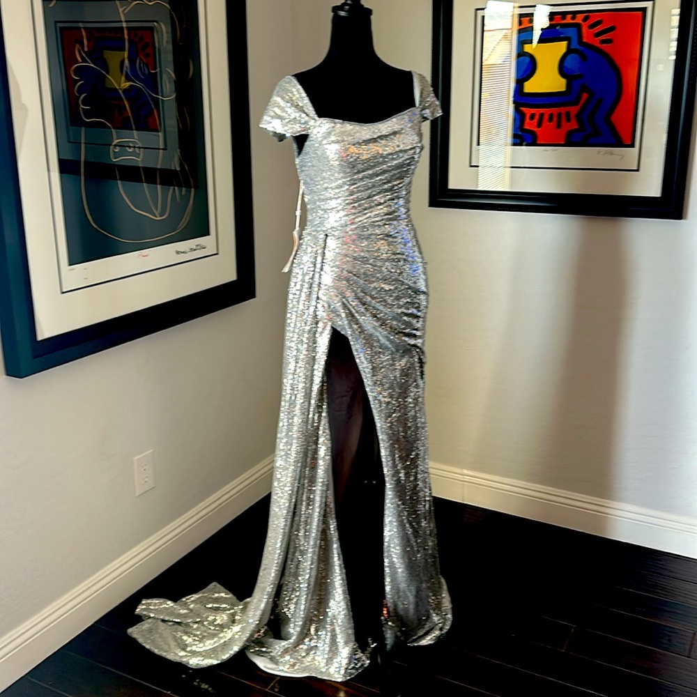 TS Couture Silver Sequin Party Dress Size Small/Medium